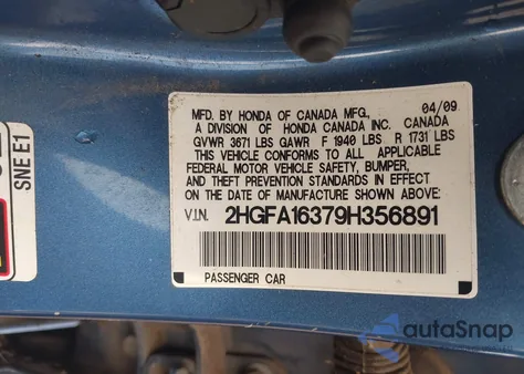 2009 Honda Civic Vp из США, поврежденный, VIN 2HGFA16379H356891